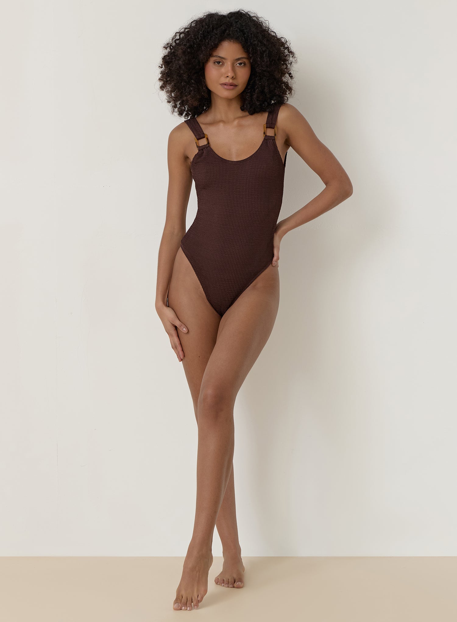 Brown Crinkle Tortoiseshell Buckle Swimsuit